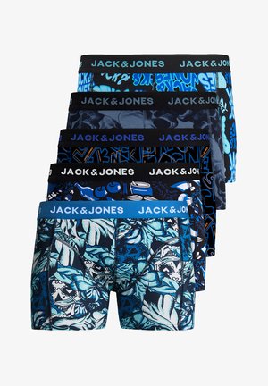 Sechs Paar JACK & JONES Boxershorts mit verschiedenen Druckmustern, Farben (blau, schwarz) und elastischen Taillenbünden mit Logo-Details.