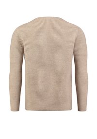 Beiger gerippter Pullover mit langen Ärmeln, Rundhalsausschnitt und geradem Saum. Der Stoff hat eine gestrickte Textur mit vertikalen Linien, ohne sichtbare Muster oder Akzente.