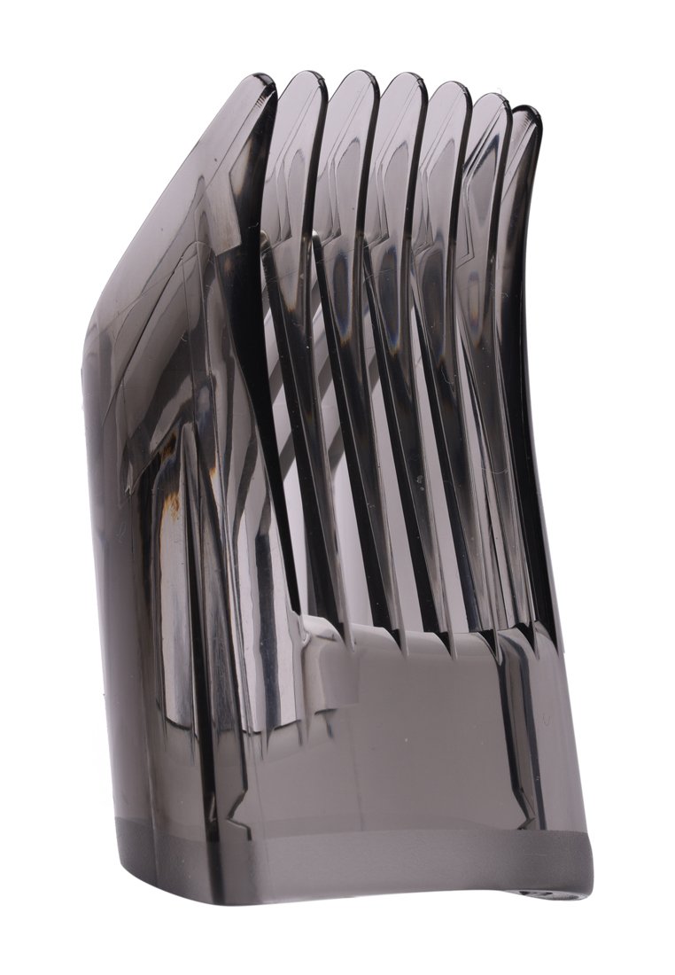 Conjunto de seis protectores de clipper para el cabello de plástico negro translúcido, organizados en un soporte, variando en longitud para diferentes tamaños de corte de cabello.