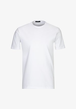 T-shirt blanc à manches courtes en coton avec un col rond, présentant un design minimaliste sans logos ni motifs visibles.