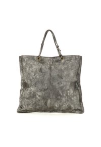 Borsa a tote in pelle grigia con texture liscia, manici superiori doppi e dettagli cuciti. Design senza chiusura con un ampio interno.