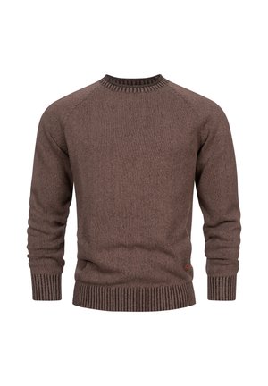 Maglione marrone a maglia con collo rotondo, polsini e orlo a coste, caratterizzato da una texture sottile e un piccolo logo accentato in basso a sinistra.
