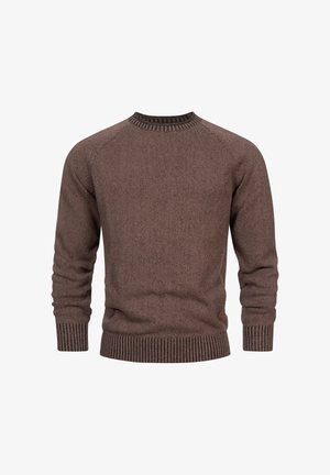 Maglione marrone a maglia con collo rotondo, polsini e orlo a coste, caratterizzato da una texture sottile e un piccolo logo accentato in basso a sinistra.