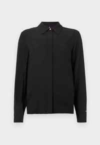 Fekete, hosszú ujjú ing sima anyagból, gallérral, elülső gombos zárral és arany díszítéssel az ujjon. Finom hímzett logóval.