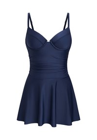 Vestido de baño azul marino con tirantes ajustables, copas moldeadas y una falda acampanada. Hecho de una tela suave y elástica con un sutil fruncido en los laterales.