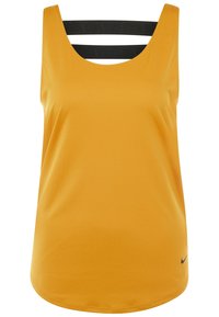 Canotta sportiva gialla con scollatura a giro e tre cinghie nere orizzontali sulla schiena. Realizzata in materiale liscio e leggero.