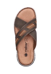 Brown slide sandal with crisscrossed textured straps, a smooth leather footbed, and a flexible rubber outsole. "Rieker Antistress" logo visible.