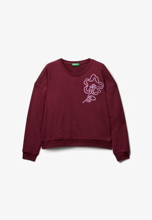 Burgundy sweatshirt with a rounded neckline, drop shoulders, and a cropped hem. Features pink floral embroidery on the front.