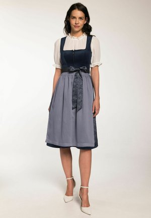 Traditional dress featuring a fitted blue bodice, light gray skirt, and a textured blue side panel. Includes a matching bow at the waist.
