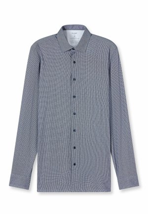 Langärmeliges Freizeithemd in strukturiertem Blau-Weiß-Muster, mit spitzem Kragen und dunklen Knopfverschlüssen. Glatter Stoff mit geknöpften Manschettenärmeln.