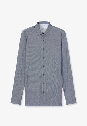 Langärmeliges Freizeithemd in strukturiertem Blau-Weiß-Muster, mit spitzem Kragen und dunklen Knopfverschlüssen. Glatter Stoff mit geknöpften Manschettenärmeln.