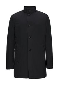 Schwarze Außenjacke mit Stehkragen, vorderem Knopfverschluss und seitlichen Taschen. Hergestellt aus glattem, leichtem Material.
