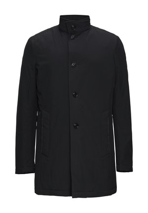 Schwarze Außenjacke mit Stehkragen, vorderem Knopfverschluss und seitlichen Taschen. Hergestellt aus glattem, leichtem Material.