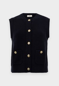 Námořnicky modrá pletená vesta bez rukávů s kulatým výstřihem, šesti knoflíky v barvě zlata a dvěma předními kapsami. Texturovaná tkanina s žebrovanými detaily.