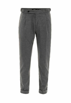 Gray tailored trousers with a textured fabric, featuring a buttoned waist, front pleats, and rolled cuffs for a tapered fit.