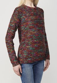 Femme portant un pull en maille multicolore à manches longues associé à un jean bleu, vue du cou jusqu'aux hanches sur un fond uni.