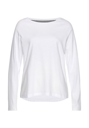 White long-sleeve top with a wide neckline, featuring a textured black accent on the back. Made from soft, lightweight fabric.