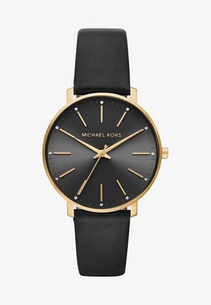 Zegarek Michael Kors z czarnym skórzanym paskiem, złotą kopertą, czarną tarczą, złotymi indeksami godzin, kryształowymi akcentami i trzema złotymi wskazówkami pokazującymi 10:09:34.