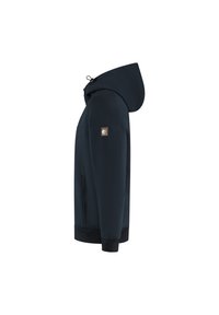 Sweatshirt à capuche bleu marine avec une texture lisse, poches zippées à l'avant, poignets et ourlet côtelés, et une étiquette logo sur la manche gauche.