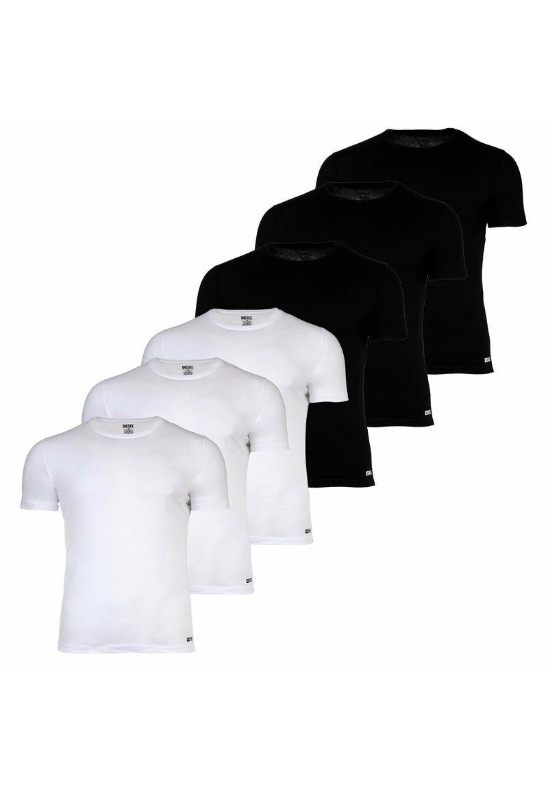 Sei t-shirt a maniche corte in bianco e nero, realizzate in cotone, con una vestibilità regolare, collo rotondo e piccoli loghi sull'orlo.