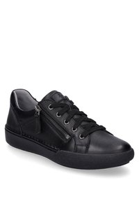 Le sneakers in pelle nera presentano una punta rotonda, un'aggiustatura con lacci frontali, una cerniera laterale, una suola in gomma testurizzata e accenti di cucitura discreti.