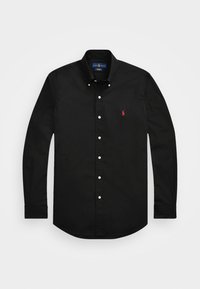 Camicia nera con bottoni, realizzata in cotone. Presenta maniche lunghe, colletto a punta e un ricamo con logo rosso sul petto. Design classico.