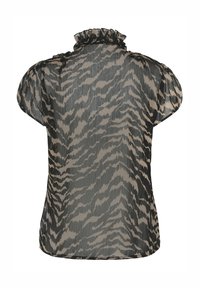 Przezroczysta bluzka z falbaną przy kołnierzyku, krótkimi bufiastymi rękawami oraz czarno-beżowym wzorem zwierzęcego motywu. Lekka tkanina i luźny krój.