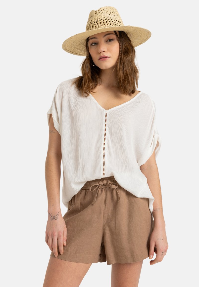 Blusa bianca testurizzata con scollatura a V e dettagli sulla chiusura, abbinata a pantaloni corti marroni con cordoncino realizzati in un tessuto leggero. Cappello di paglia che completa il look.