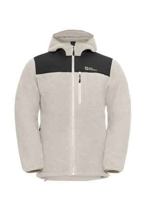 Giacca in pile di colore beige chiaro con pannello superiore nero. Presenta un cappuccio, zip completa e taschino sul petto con zip. Materiale morbido e testurizzato.