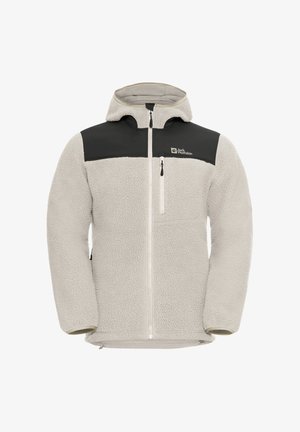 Fleecejacke in hellbeige mit schwarzem Oberteil. Verfügt über eine Kapuze, einen durchgehenden Reißverschluss und eine Reißverschlusstasche auf der Brust. Weiches, strukturiertes Material.