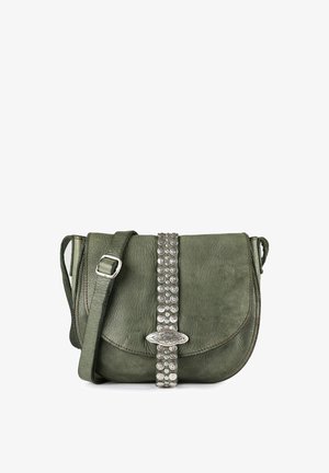 Groene leren schoudertas met zilverkleurige gespen en metalen sluiting. Heeft een gestructureerd oppervlak en een verstelbare band.