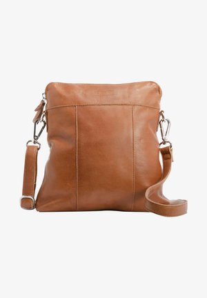 Tan leren schoudertas met een verstelbare band. Beschikt over een eenvoudig ontwerp, een soepele textuur en stiksels op het voorpaneel. Zilveren hardware-accenten.
