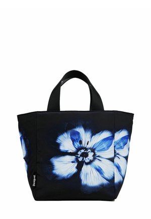 Sac fourre-tout noir avec un grand motif floral bleu. Doté de poignées noires robustes et d'une conception structurée. Fabriqué en matériau durable.