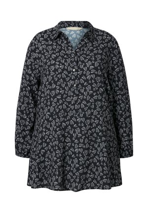 Langærmet, sort skjortekjole med knaplukning foran og en udskåret kant. Har et hvidt bladmønster på stoffet. Letvægtsmateriale.