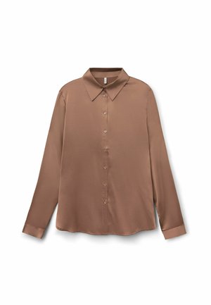 Camicia marrone a maniche lunghe realizzata in tessuto morbido. Presenta un colletto classico, chiusura con bottoni e un orlo arrotondato.
