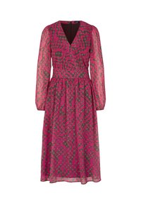 Langarmkleid aus transparentem pinkem Stoff mit einem kontrastierenden abstrakten Muster, V-Ausschnitt und gerafftem Bund für eine fließende Silhouette.