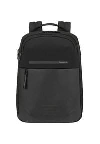 Zaino Samsonite nero con spallacci imbottiti, tasca frontale con zip e manico superiore, progettato per l'uso quotidiano.