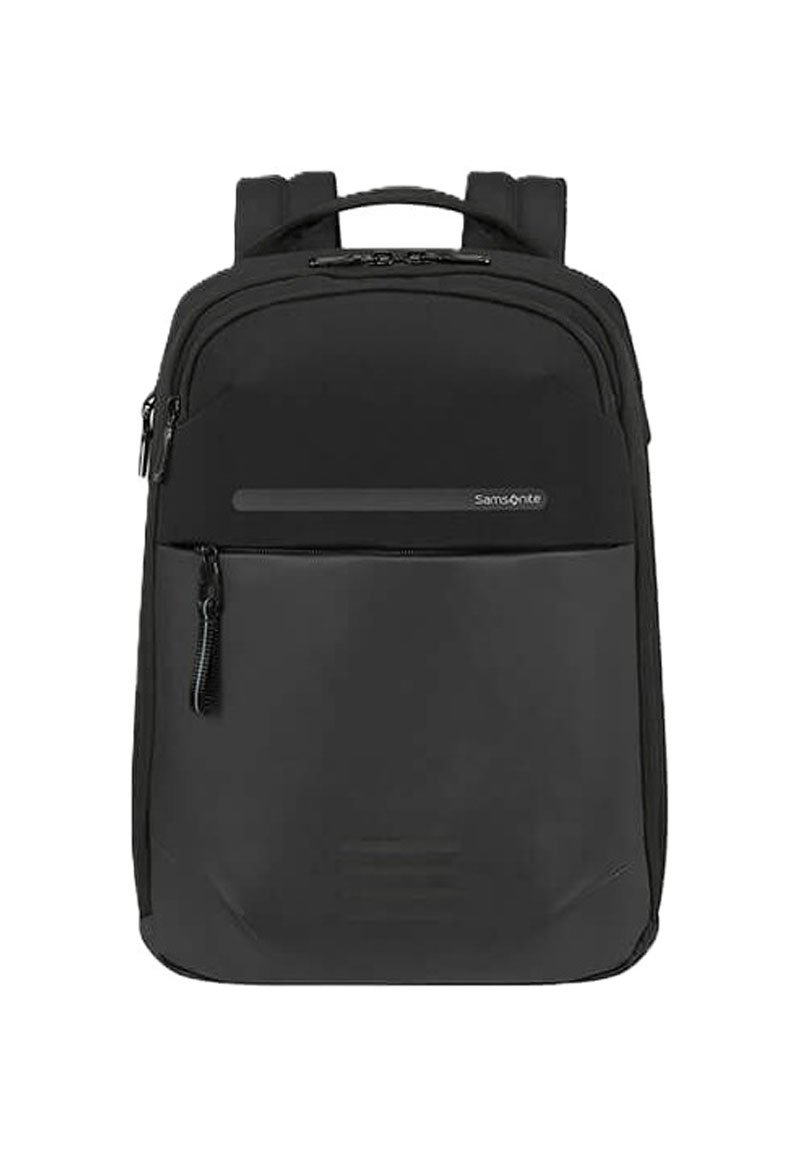 Zaino Samsonite nero con spallacci imbottiti, tasca frontale con zip e manico superiore, progettato per l'uso quotidiano.