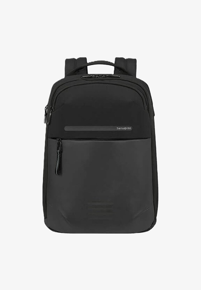 Zaino Samsonite nero con spallacci imbottiti, tasca frontale con zip e manico superiore, progettato per l'uso quotidiano.