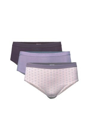 Three women's briefs in dark purple, light purple, and pink with white floral pattern, arranged overlapping on a white background.
