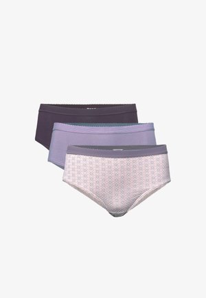 Three women's briefs in dark purple, light purple, and pink with white floral pattern, arranged overlapping on a white background.