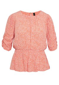 Oranžová blůza s květinovým vzorem, na gumičce v pase a s tříčtvrtečními rukávy. Má kulatý výstřih a zapínání na knoflík na zádech.