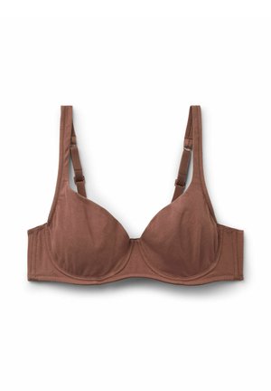 Brauner BH mit verstellbaren Trägern und vorgeformten Cups. Hergestellt aus weichem Stoff, mit glatter Textur und nahtlosem Design.