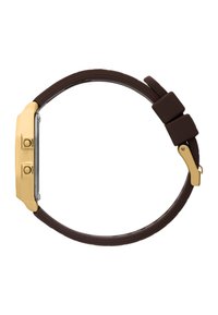 Bracelet de montre en silicone marron avec un boîtier en métal doré rectangulaire et un cadran argenté, comportant deux boutons-poussoirs et une fermeture à fermoir.