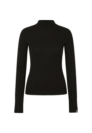 Maglione a collo alto nero a coste con maniche lunghe. Presenta un design aderente, tessuto testurizzato e un piccolo dettaglio con logo sull'orlo.