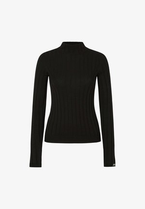 Maglione a collo alto nero a coste con maniche lunghe. Presenta un design aderente, tessuto testurizzato e un piccolo dettaglio con logo sull'orlo.