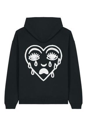 Black hoodie featuring a large white embroidered heart design with closed eyes, tears, and a frowning mouth on the back. Soft fabric, relaxed fit.