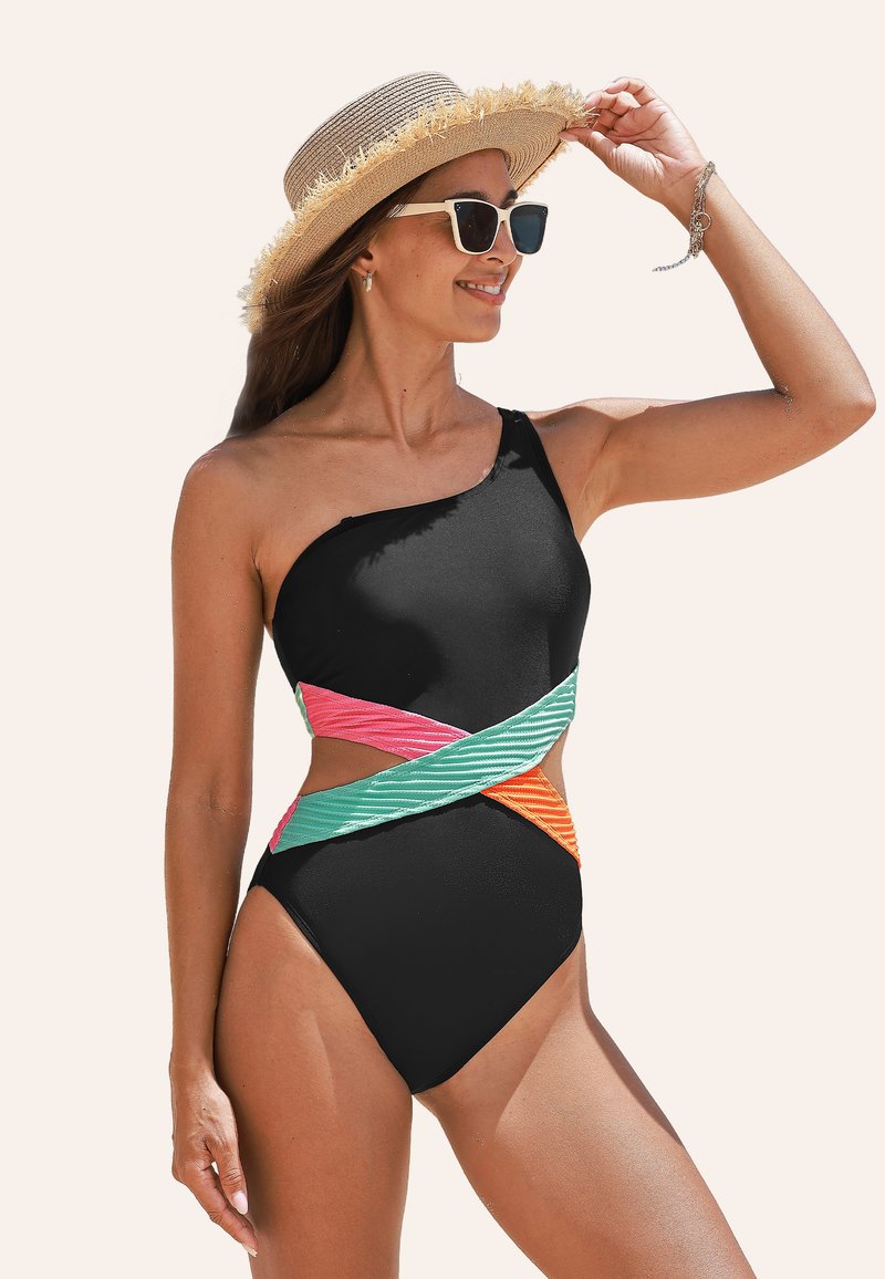Cupshe VIBRANT CONTRAST CUTOUT ONE SHOULDER - Maillot de bain - black