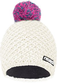 Knit winter hat in cream with a large multicolored pom-pom on top. Features a black fleece band and a small black tag with the brand name.