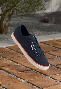Navy blue casual sneaker with white sole and red trim, laced up, floating above a paved wooden and stone pathway under a tree.